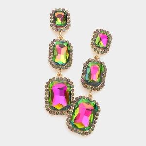 Vitrail Dangle Crystal Earrings 2.5 Inch Triple Emerald Stone Drop Down Jewelry